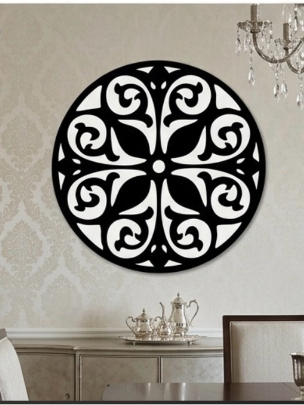 Ornate Round Black Wall Medallion - Decorative Scroll Accent